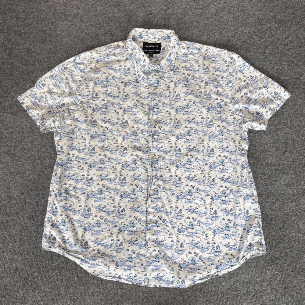 Bonobos Mens Large Sailboat Print Short Sleeve Button Up Shirt Nautical Summer